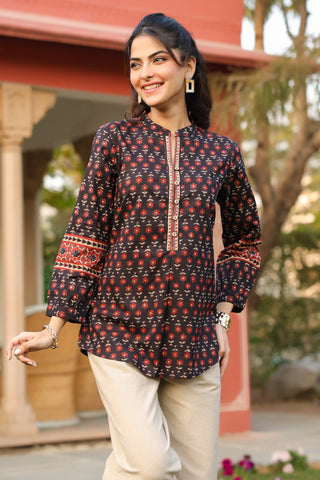 Print Mandarin Collar Cotton Top