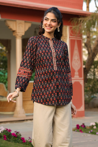 Print Mandarin Collar Cotton Top