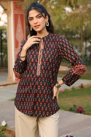 Print Mandarin Collar Cotton Top