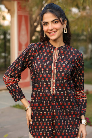 Print Mandarin Collar Cotton Top