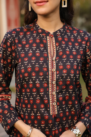 Print Mandarin Collar Cotton Top