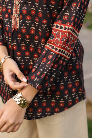 Print Mandarin Collar Cotton Top