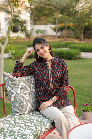 Print Mandarin Collar Cotton Top