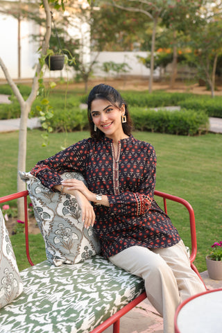 Print Mandarin Collar Cotton Top