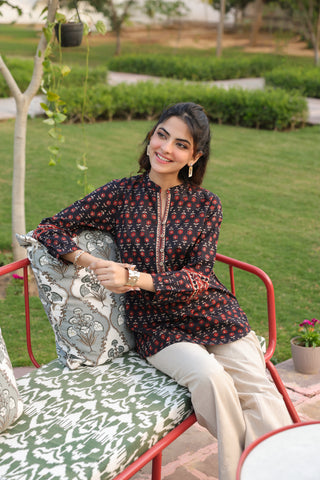 Print Mandarin Collar Cotton Top