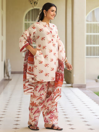 Off White Ethnic Motif Print Lace 3-Piece A-Line Kurta Set
