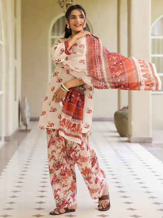 Off White Ethnic Motif Print Lace 3-Piece A-Line Kurta Set