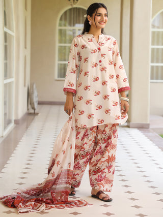 Off White Ethnic Motif Print Lace 3-Piece A-Line Kurta Set