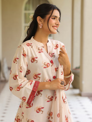 Off White Ethnic Motif Print Lace 3-Piece A-Line Kurta Set