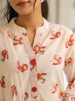Off White Ethnic Motif Print Lace 3-Piece A-Line Kurta Set