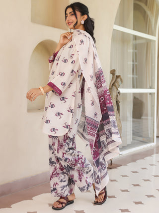 Off White Ethnic Motif Print Lace 3-Piece A-Line Kurta Set