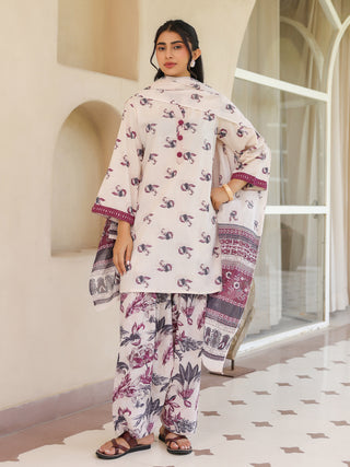 Off White Ethnic Motif Print Lace 3-Piece A-Line Kurta Set