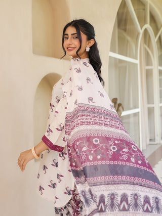 Off White Ethnic Motif Print Lace 3-Piece A-Line Kurta Set