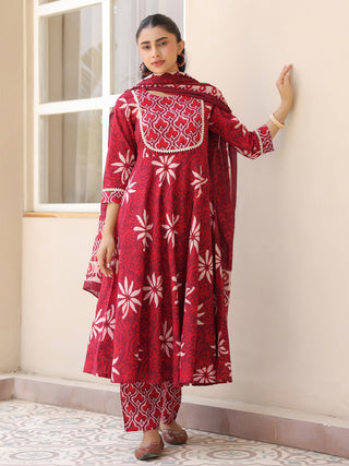 Maroon Ethnic Motif Print Fit & Flare 3-Piece Anarkali Kurta Set