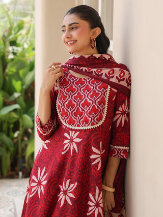 Maroon Ethnic Motif Print Fit & Flare 3-Piece Anarkali Kurta Set