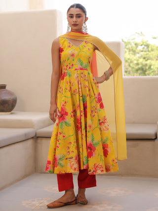 Yellow Floral Print Flared Anarkali Kurta Set