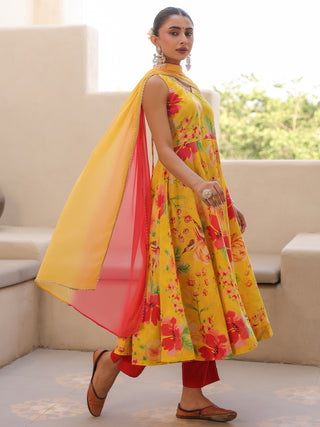 Yellow Floral Print Flared Anarkali Kurta Set