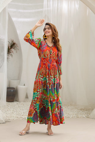 Women Abstract Printed Fit & Flare Maxi Ethnic Dress