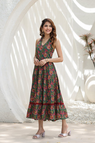 Women Green & Maroon Floral Printed Cotton A Line Ethnic Dresses