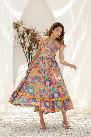 Floral Printed Pure Cotton Fit & Flare Ethnic Dress