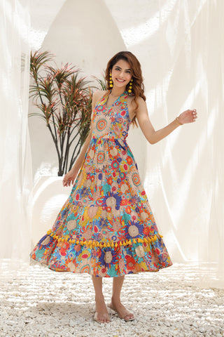 Floral Printed Pure Cotton Fit & Flare Ethnic Dress