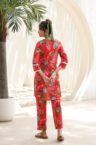 Printed Pure Cotton Notch Neck Tunic With Trouser Co-Ords