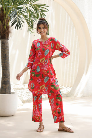 Printed Pure Cotton Notch Neck Tunic With Trouser Co-Ords