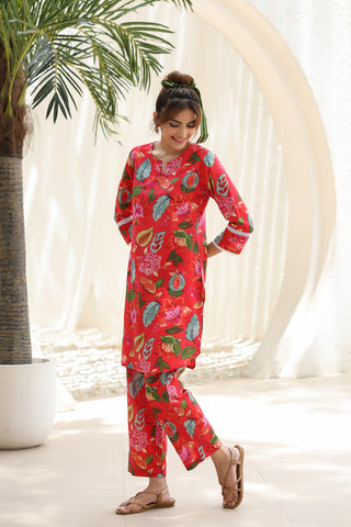 Printed Pure Cotton Notch Neck Tunic With Trouser Co-Ords