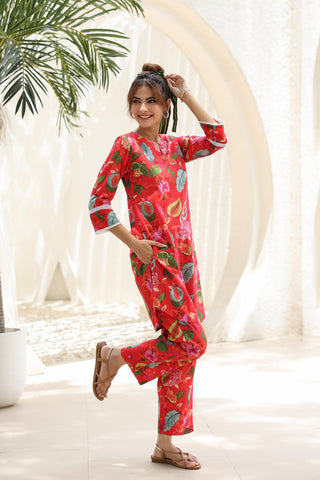 Printed Pure Cotton Notch Neck Tunic With Trouser Co-Ords