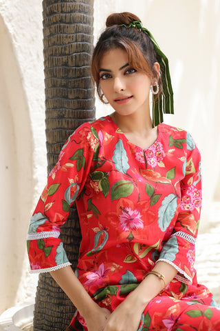 Printed Pure Cotton Notch Neck Tunic With Trouser Co-Ords