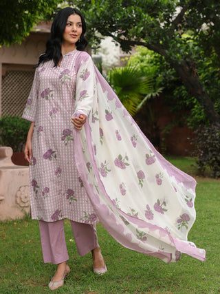 Purple Floral Print 3-Piece Straight Kurta Set
