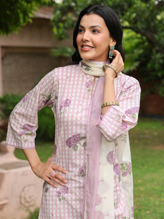 Purple Floral Print 3-Piece Straight Kurta Set