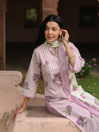 Purple Floral Print 3-Piece Straight Kurta Set