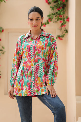 Women Abstract Printed Shirt Collar Pure Cotton Top