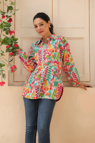 Women Abstract Printed Shirt Collar Pure Cotton Top