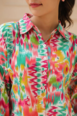 Women Abstract Printed Shirt Collar Pure Cotton Top