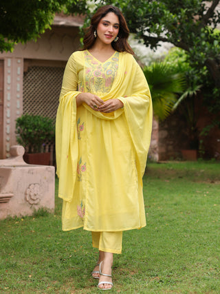 Yellow Floral Embroidered 3-Piece Anarkali Kurta Set