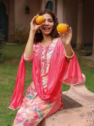 Pink Floral Embroidered 3-Piece Straight Kurta Set