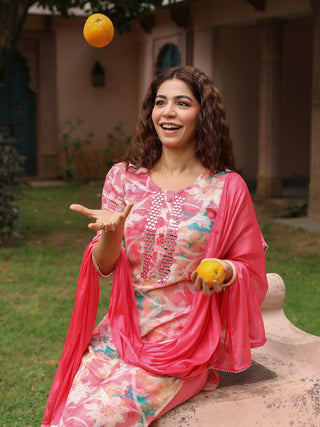 Pink Floral Embroidered 3-Piece Straight Kurta Set