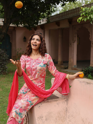 Pink Floral Embroidered 3-Piece Straight Kurta Set