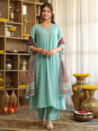 Light Blue Chanderi A-Line Kurta Set with Pocket