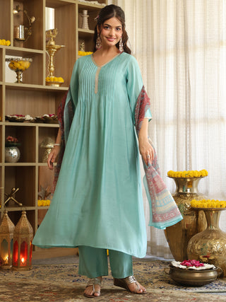 Light Blue Chanderi A-Line Kurta Set with Pocket