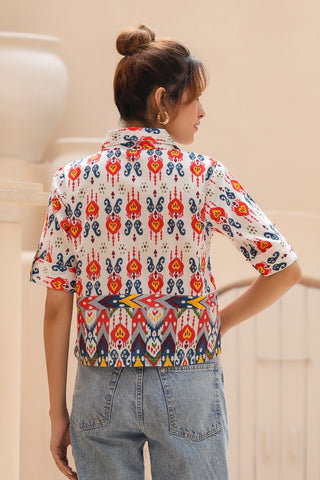 Geometric Print Roll-Up Sleeves Cotton Shirt Style Top