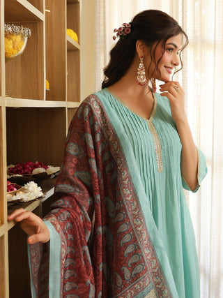 Light Blue Chanderi A-Line Kurta Set with Pocket