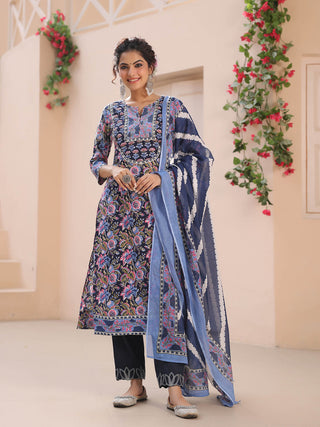 Women Blue Floral Printed Pure Cotton Straight Kurta With Trouser And Dupatta