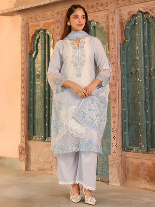 Blue Floral Embroidered Lace 3-Piece Straight Kurta Set