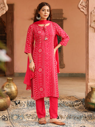 Pink Floral Embroidered Lace 3-Piece Straight Kurta Set
