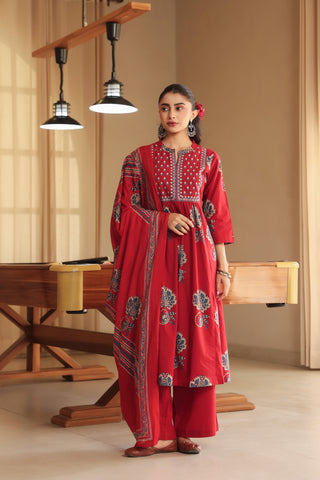 Women Ethnic Motifs Printed Regular Thread Work Pure Cotton Kurta with Trousers & With Dupatta