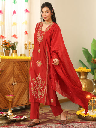 Deep Red Floral Embroidered Cotton Straight Kurta Set