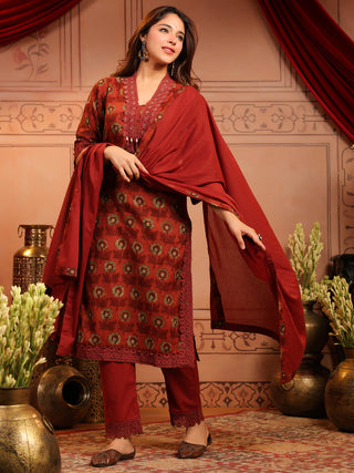Rust Floral Print 3-Piece Straight Kurta Set